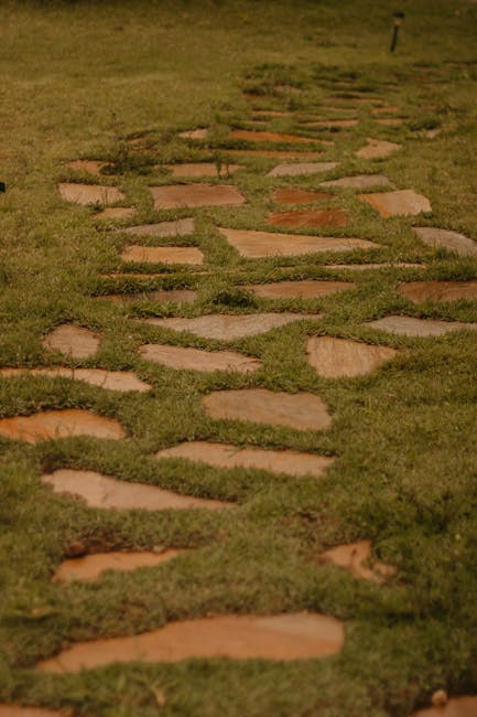 A garden pathway composed of irregularly shaped reddish-brown stepping stones set into a well-maintained, lush green lawn. The stones are spaced apart, allowing patches of grass to grow in between, cr
